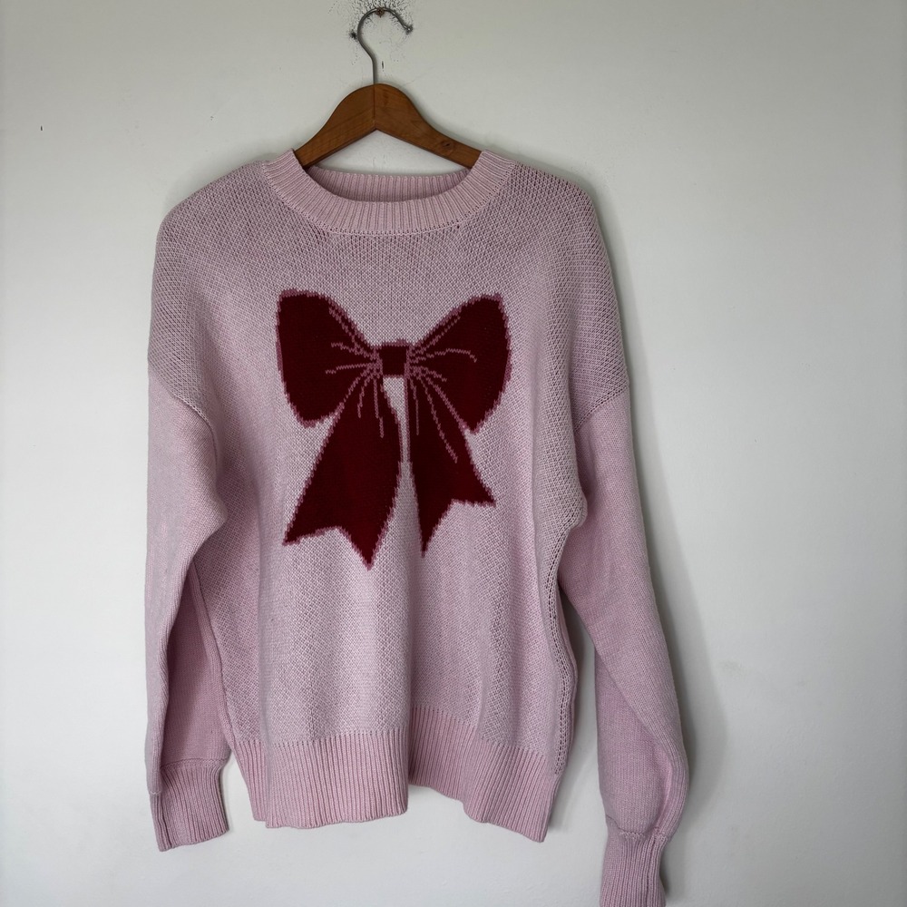 Eloquii Plus Pink Red Bow Crewneck Sweater Long Sleeve Cute Girlhood Size 14/16